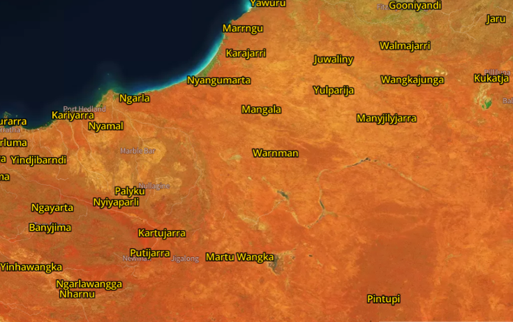 map of part of Western Australia with language names on different regions