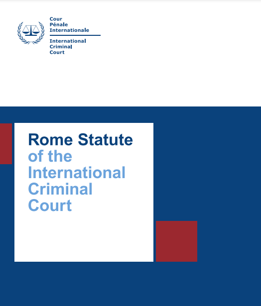 cover of Rome Statue of the International Criminal Court with blue and red squares for background and the ICC logo of justice scales and laurel